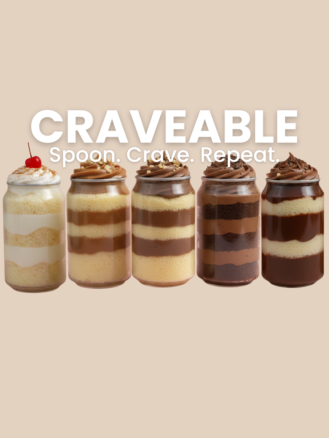 CRAVEABLE cake cans lineup with the tagline Spoon. Crave. Repeat.